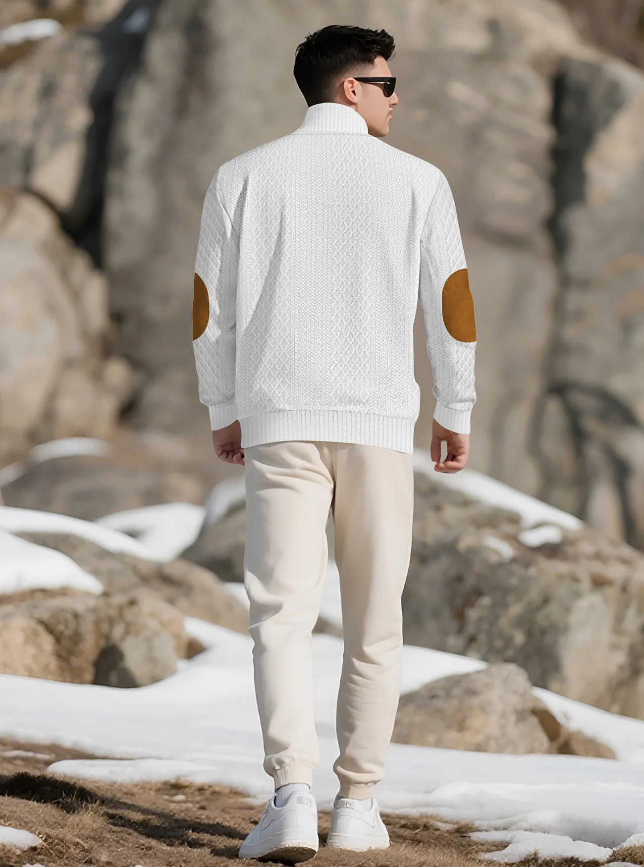 New Autumn European Size Stand-up Collar Long-sleeved Outdoor Sweater Henry Collar Jacquard Texture Needle Sweater Men
