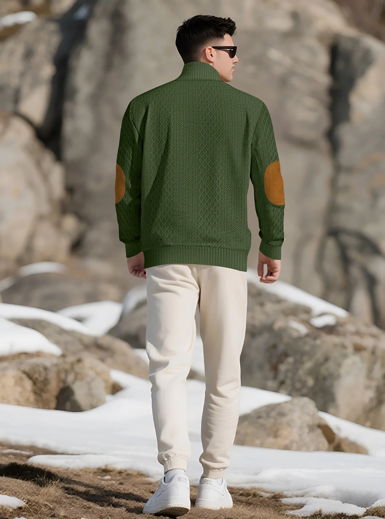 New Autumn European Size Stand-up Collar Long-sleeved Outdoor Sweater Henry Collar Jacquard Texture Needle Sweater Men