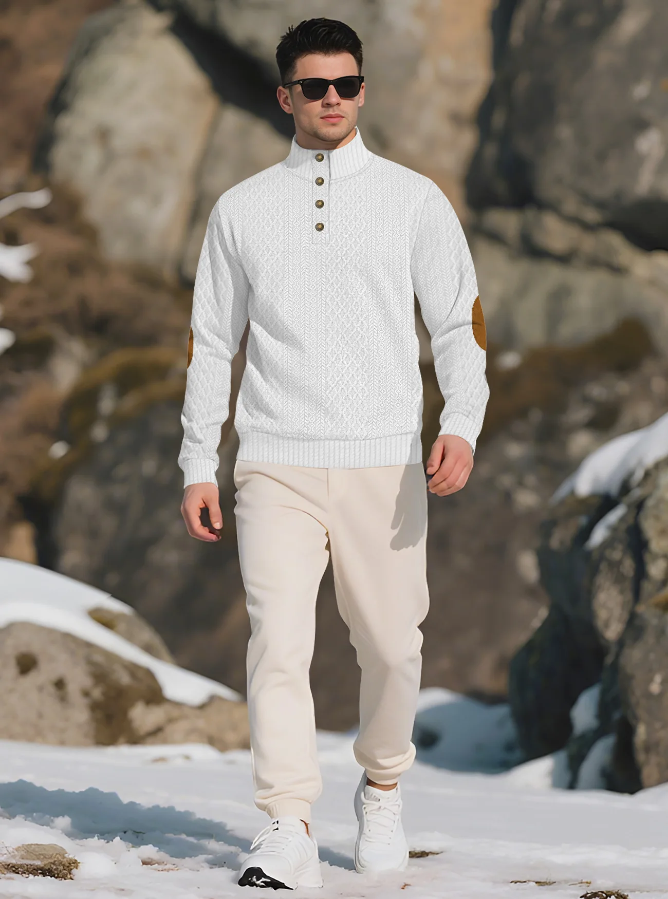 New Autumn European Size Stand-up Collar Long-sleeved Outdoor Sweater Henry Collar Jacquard Texture Needle Sweater Men