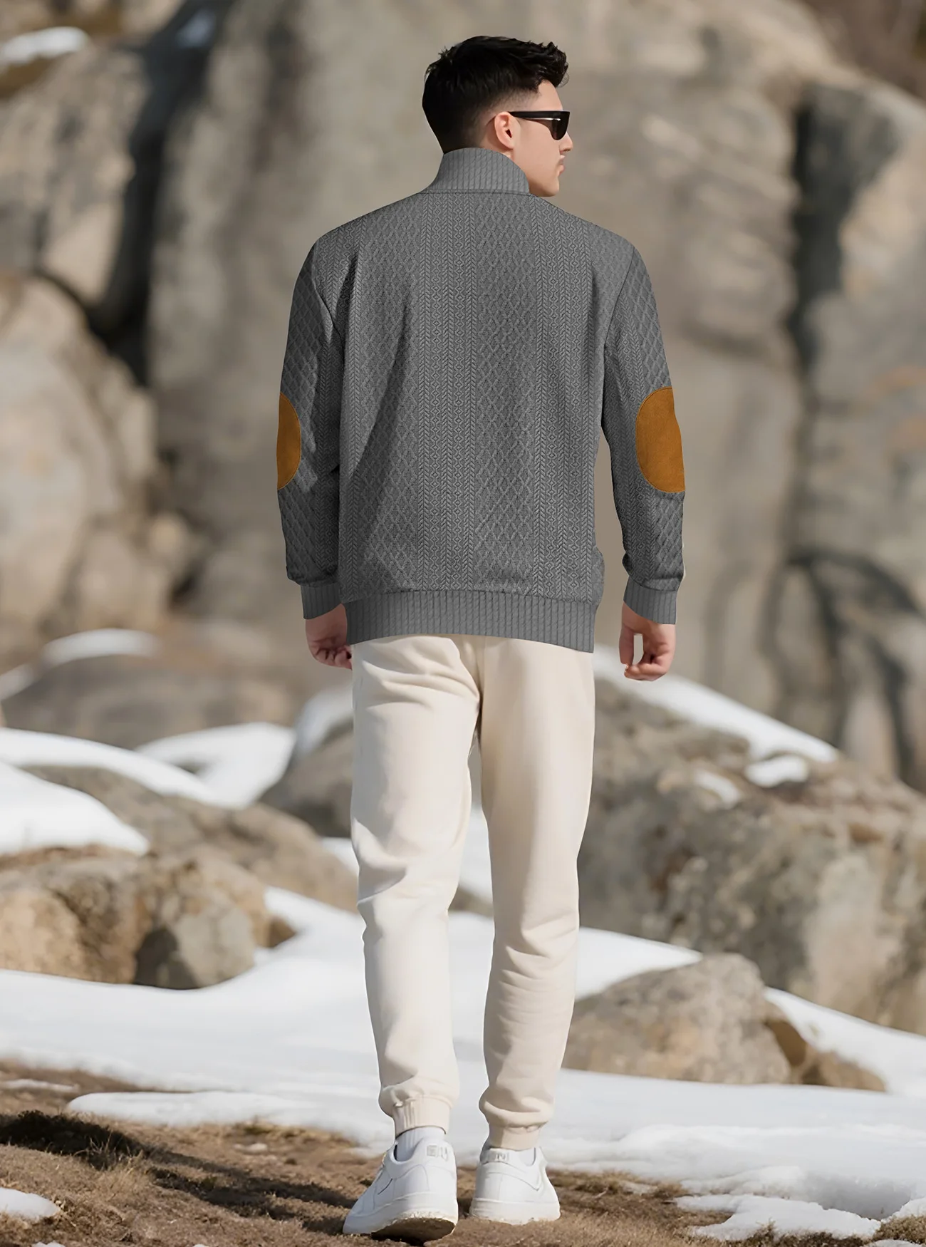 New Autumn European Size Stand-up Collar Long-sleeved Outdoor Sweater Henry Collar Jacquard Texture Needle Sweater Men