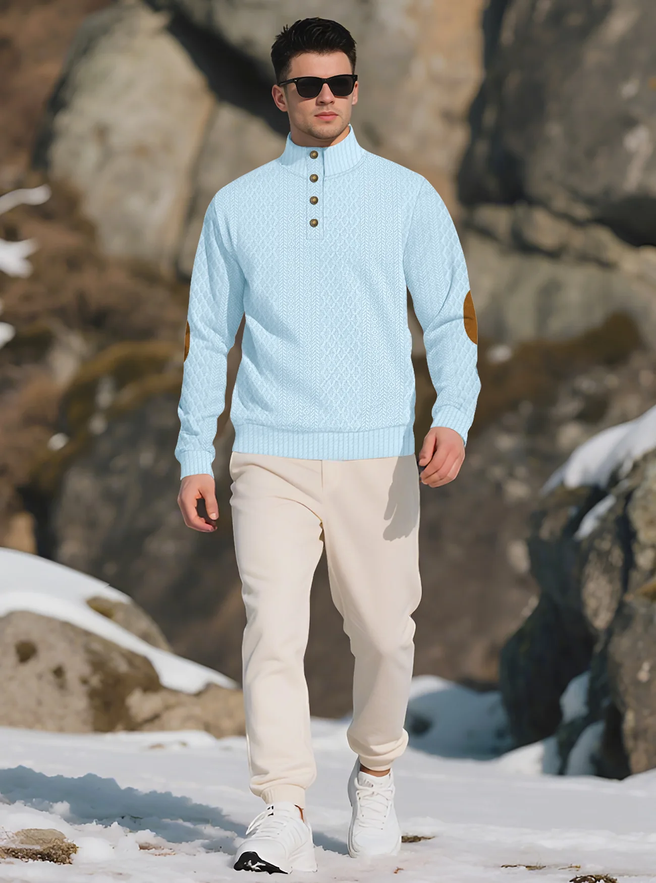 New Autumn European Size Stand-up Collar Long-sleeved Outdoor Sweater Henry Collar Jacquard Texture Needle Sweater Men