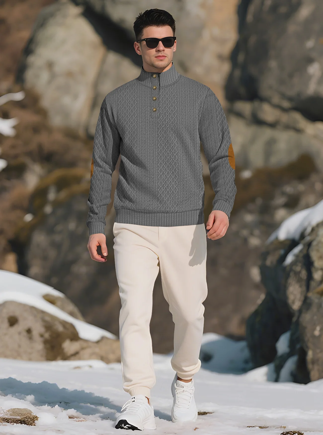 New Autumn European Size Stand-up Collar Long-sleeved Outdoor Sweater Henry Collar Jacquard Texture Needle Sweater Men