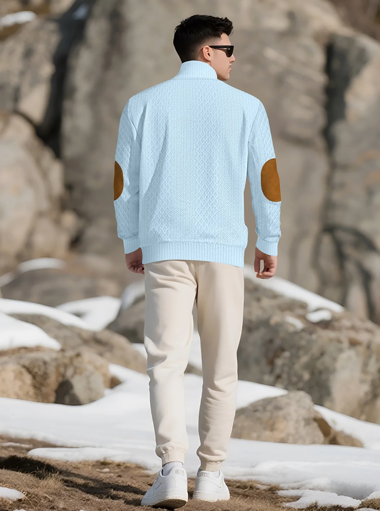 New Autumn European Size Stand-up Collar Long-sleeved Outdoor Sweater Henry Collar Jacquard Texture Needle Sweater Men