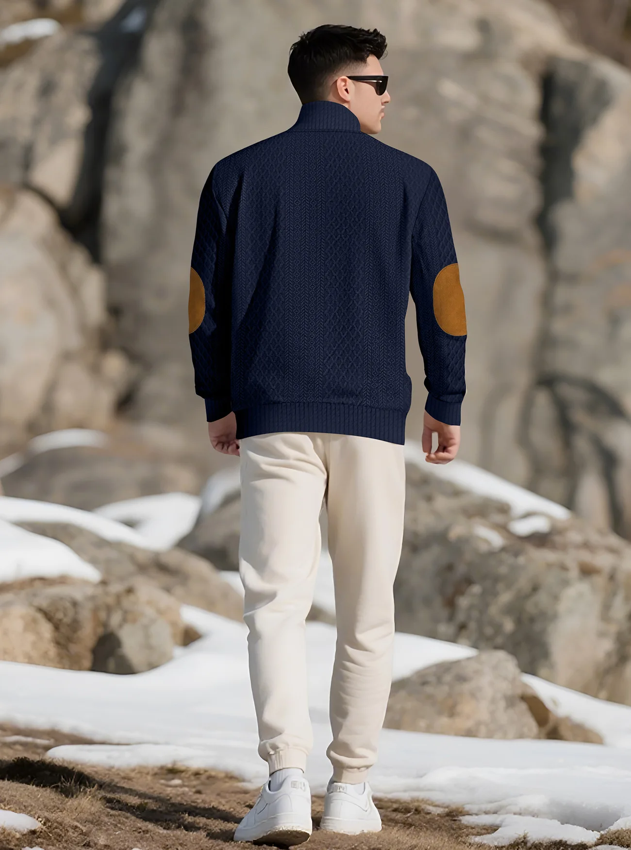 New Autumn European Size Stand-up Collar Long-sleeved Outdoor Sweater Henry Collar Jacquard Texture Needle Sweater Men