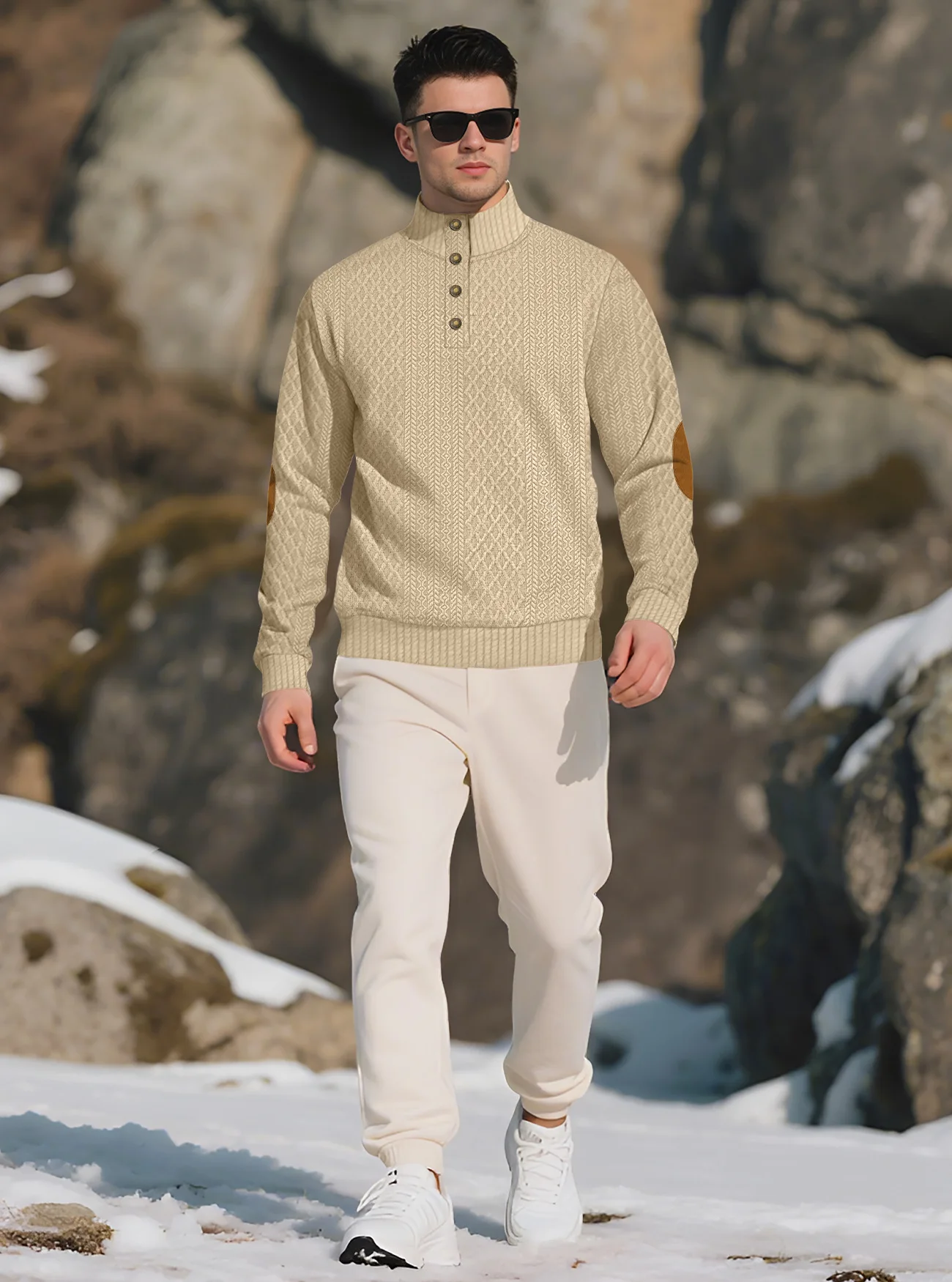 New Autumn European Size Stand-up Collar Long-sleeved Outdoor Sweater Henry Collar Jacquard Texture Needle Sweater Men