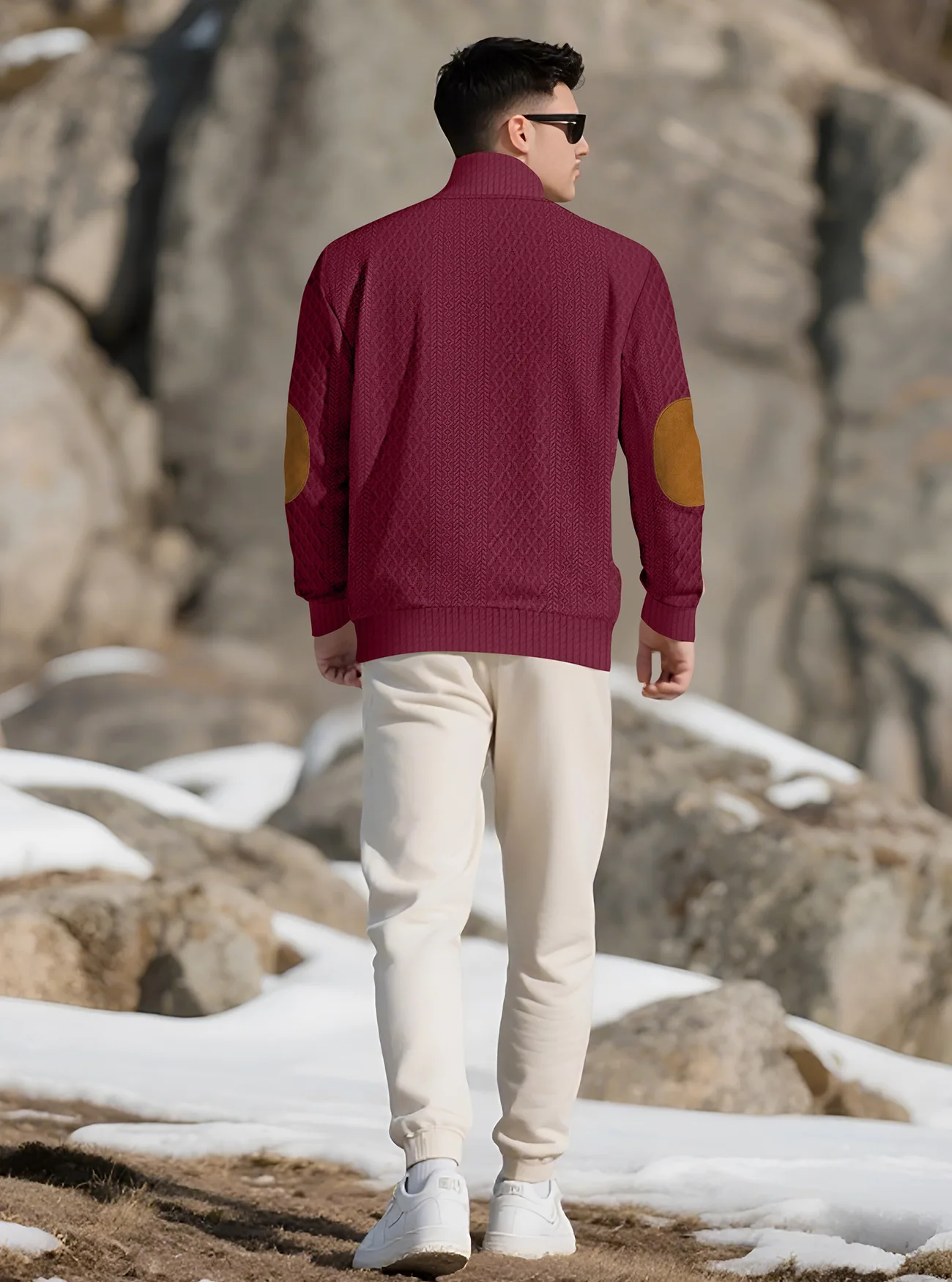 New Autumn European Size Stand-up Collar Long-sleeved Outdoor Sweater Henry Collar Jacquard Texture Needle Sweater Men
