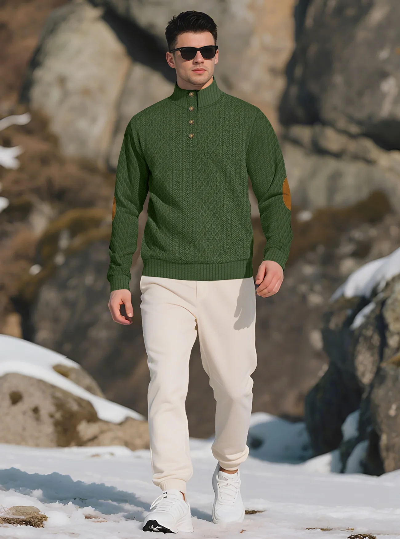 New Autumn European Size Stand-up Collar Long-sleeved Outdoor Sweater Henry Collar Jacquard Texture Needle Sweater Men