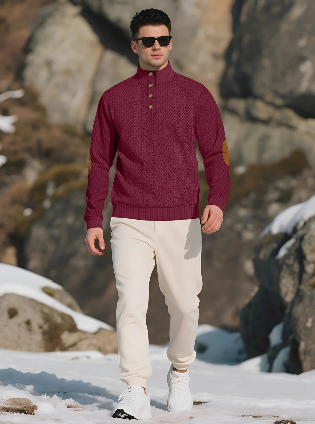 New Autumn European Size Stand-up Collar Long-sleeved Outdoor Sweater Henry Collar Jacquard Texture Needle Sweater Men