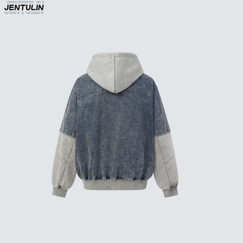 American Style Fake TwoPiece Spliced Sweatshirt Jacket Hooded Distressed Washed Contrasting Top High Street Heavyweight Cardigan