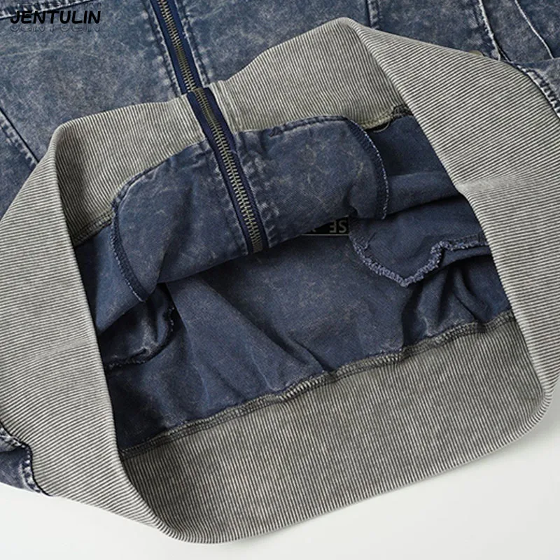 American Style Fake TwoPiece Spliced Sweatshirt Jacket Hooded Distressed Washed Contrasting Top High Street Heavyweight Cardigan