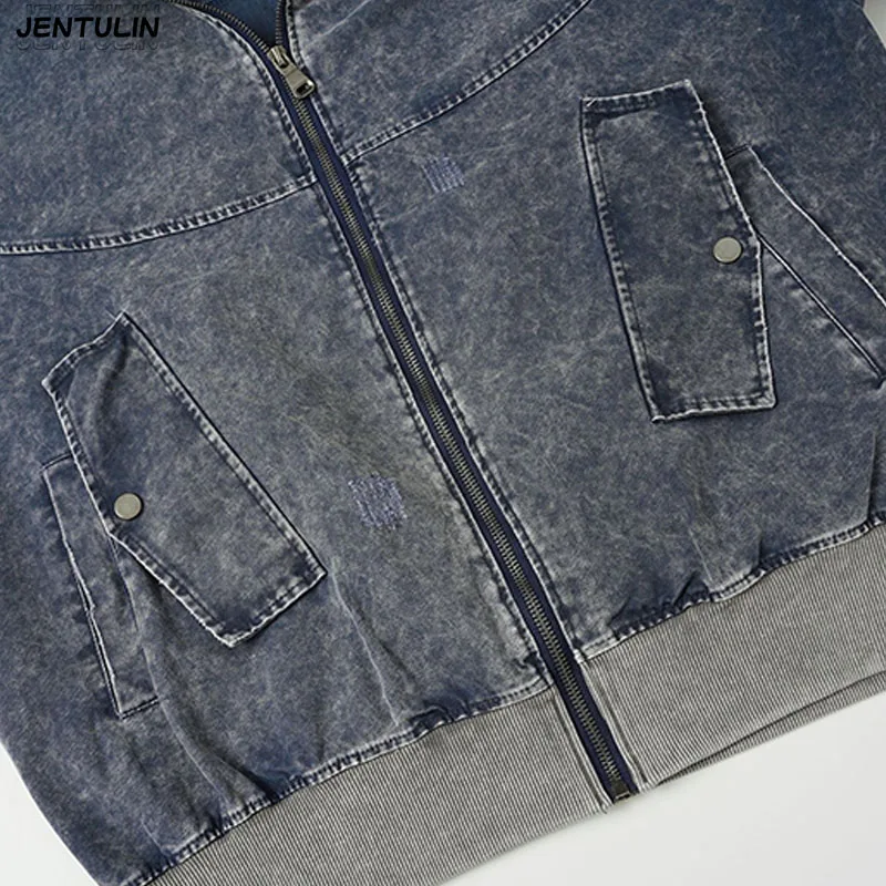 American Style Fake TwoPiece Spliced Sweatshirt Jacket Hooded Distressed Washed Contrasting Top High Street Heavyweight Cardigan