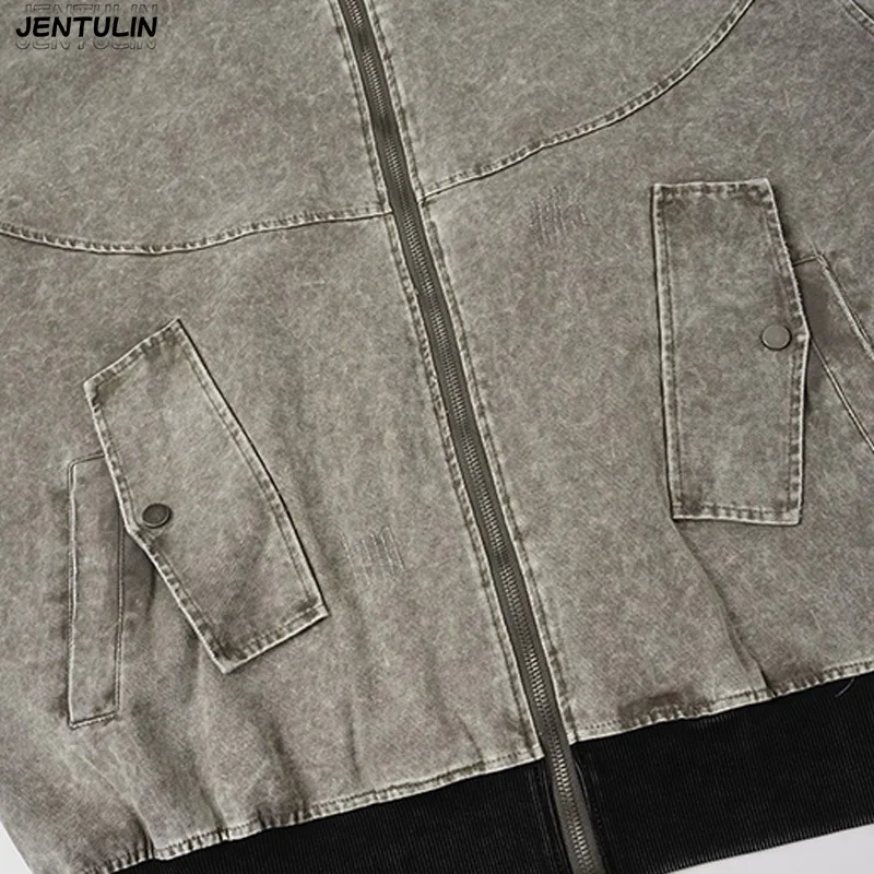 American Style Fake TwoPiece Spliced Sweatshirt Jacket Hooded Distressed Washed Contrasting Top High Street Heavyweight Cardigan