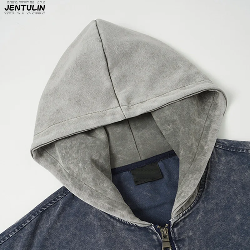 American Style Fake TwoPiece Spliced Sweatshirt Jacket Hooded Distressed Washed Contrasting Top High Street Heavyweight Cardigan