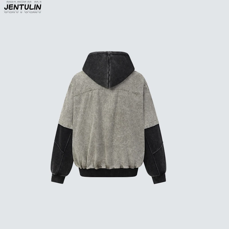 American Style Fake TwoPiece Spliced Sweatshirt Jacket Hooded Distressed Washed Contrasting Top High Street Heavyweight Cardigan
