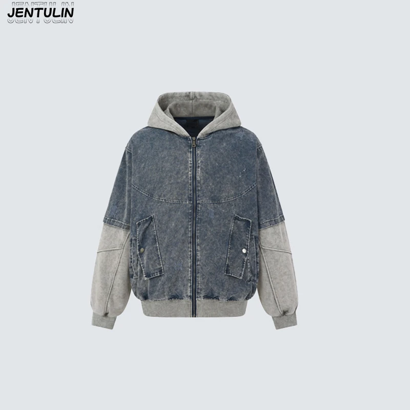 American Style Fake TwoPiece Spliced Sweatshirt Jacket Hooded Distressed Washed Contrasting Top High Street Heavyweight Cardigan