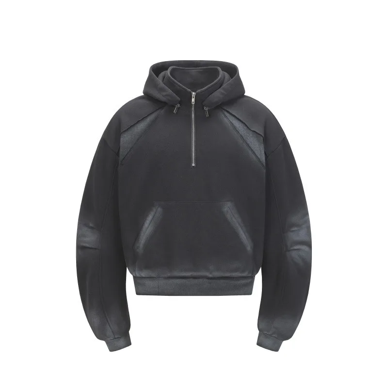 American Retro High Street Spliced Men's Half Zip Hoodie Fashion Y2k Streetwear Original Style Hip-hop Loose Hooded Sweatshirt