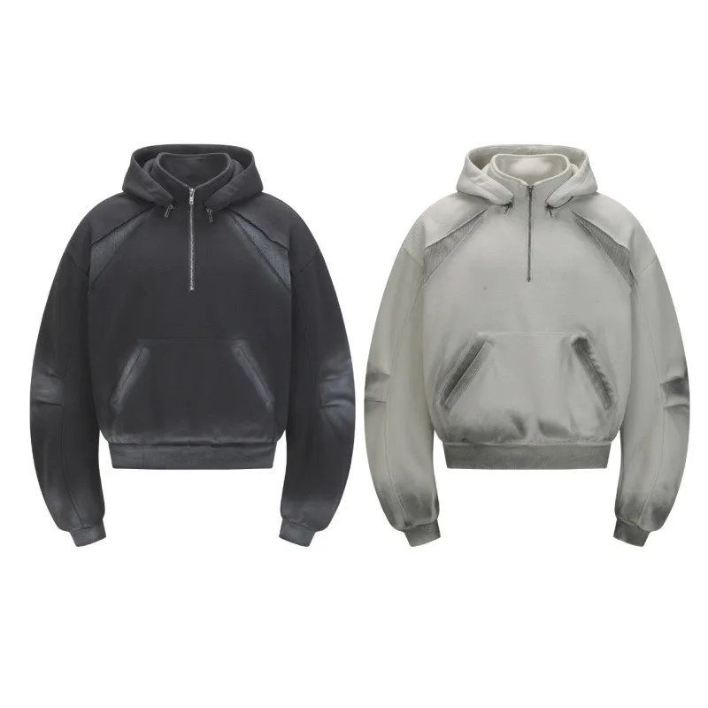 American Retro High Street Spliced Men's Half Zip Hoodie Fashion Y2k Streetwear Original Style Hip-hop Loose Hooded Sweatshirt