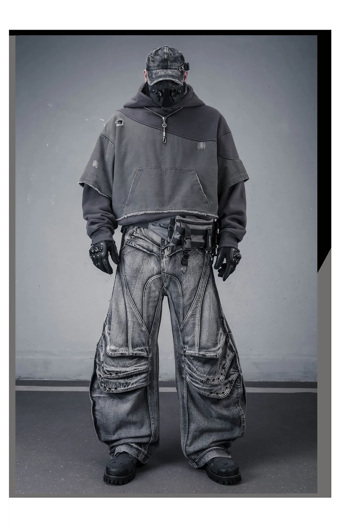 Fake Two Piece Ripped Hole Punk Vintage Hoodie Man Winter Warm Thicken Fleece Gothic Techwear Sweatshirt