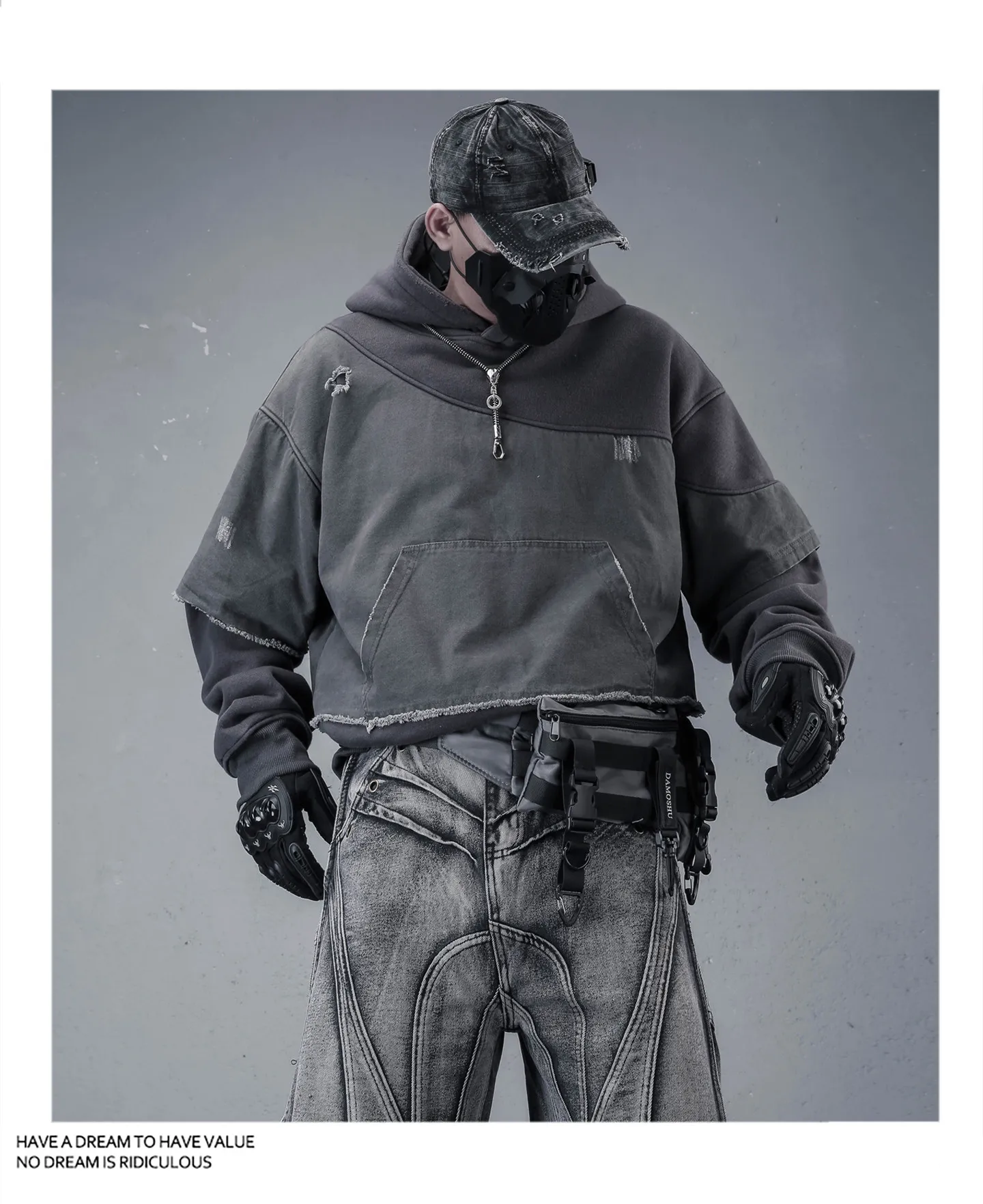 Fake Two Piece Ripped Hole Punk Vintage Hoodie Man Winter Warm Thicken Fleece Gothic Techwear Sweatshirt