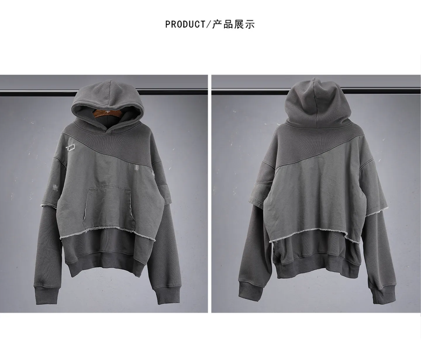 Fake Two Piece Ripped Hole Punk Vintage Hoodie Man Winter Warm Thicken Fleece Gothic Techwear Sweatshirt