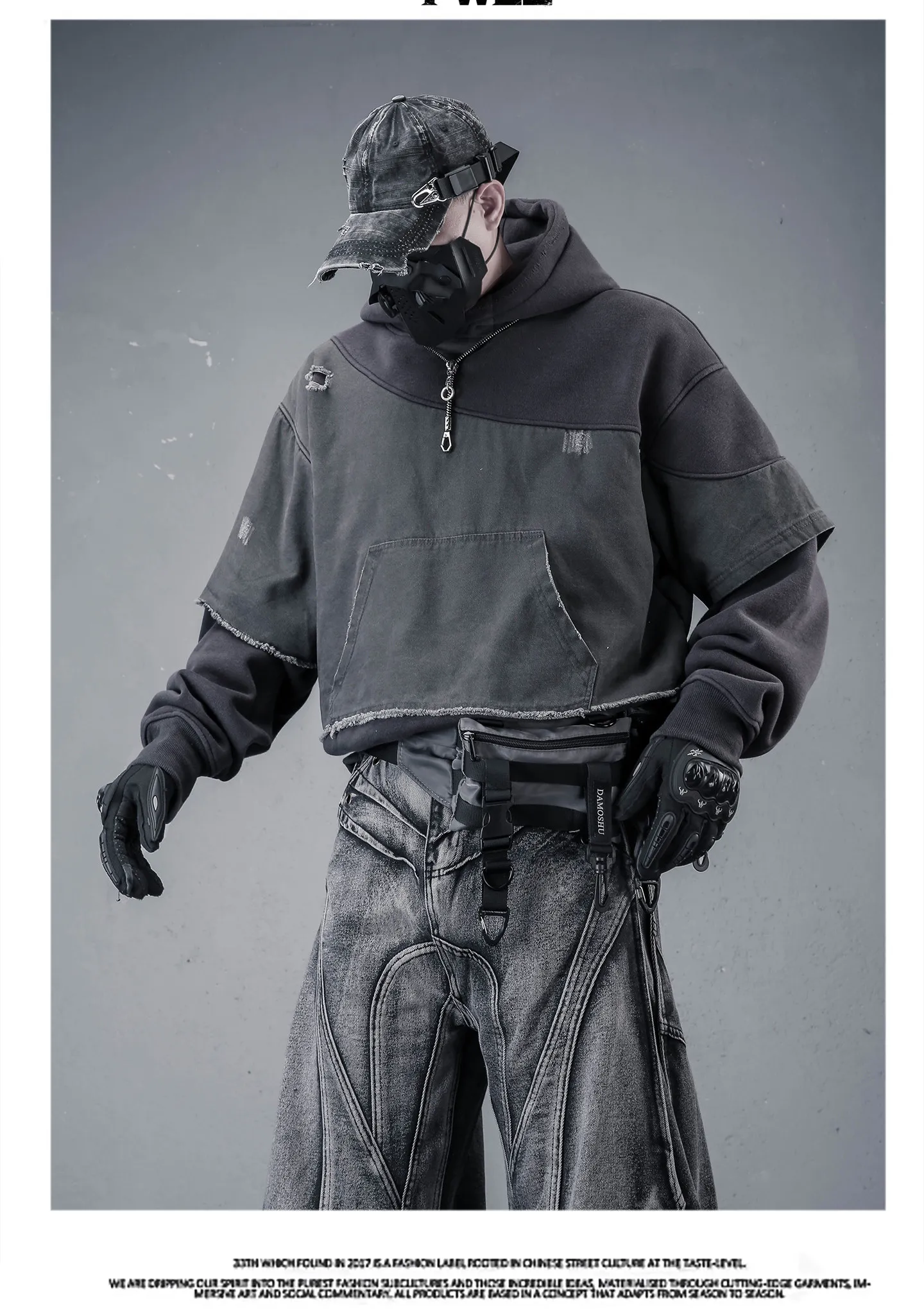 Fake Two Piece Ripped Hole Punk Vintage Hoodie Man Winter Warm Thicken Fleece Gothic Techwear Sweatshirt