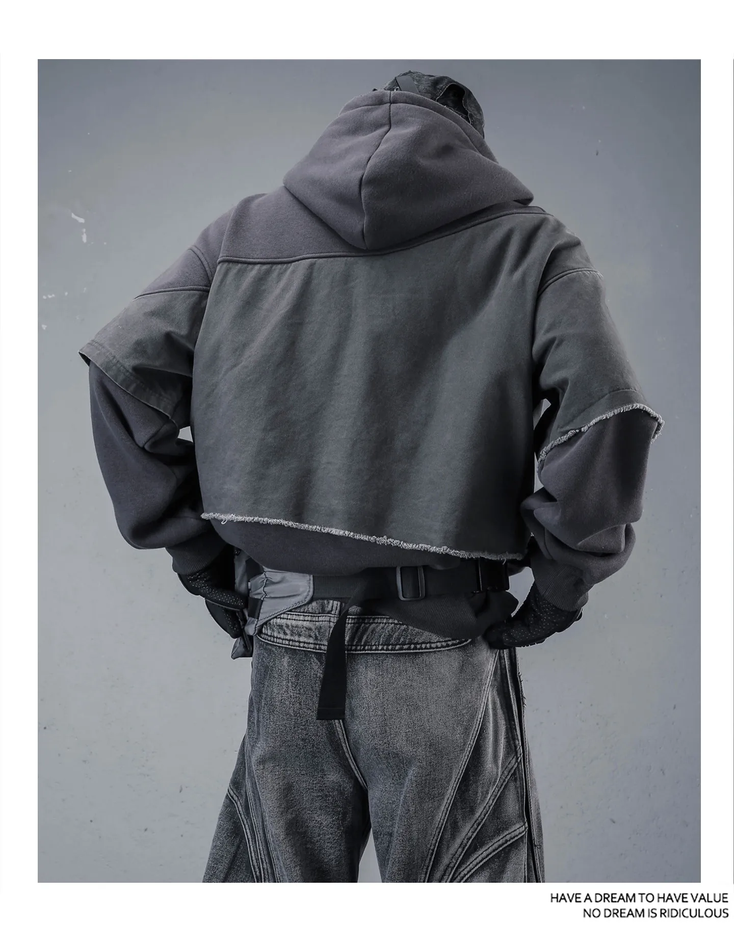 Fake Two Piece Ripped Hole Punk Vintage Hoodie Man Winter Warm Thicken Fleece Gothic Techwear Sweatshirt