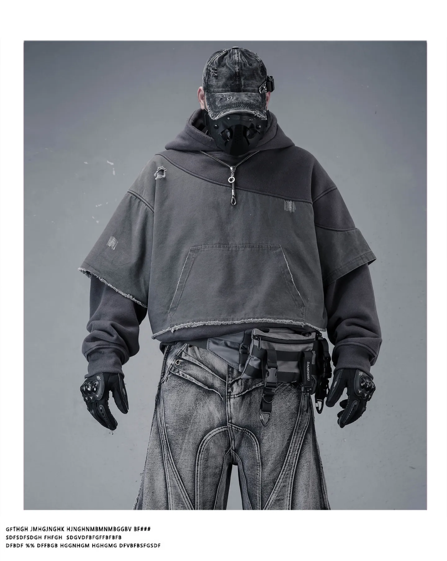 Fake Two Piece Ripped Hole Punk Vintage Hoodie Man Winter Warm Thicken Fleece Gothic Techwear Sweatshirt