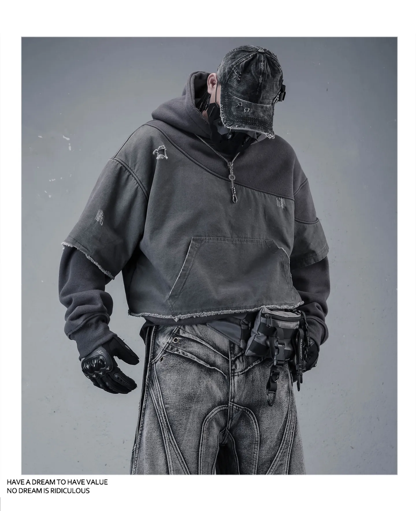Fake Two Piece Ripped Hole Punk Vintage Hoodie Man Winter Warm Thicken Fleece Gothic Techwear Sweatshirt
