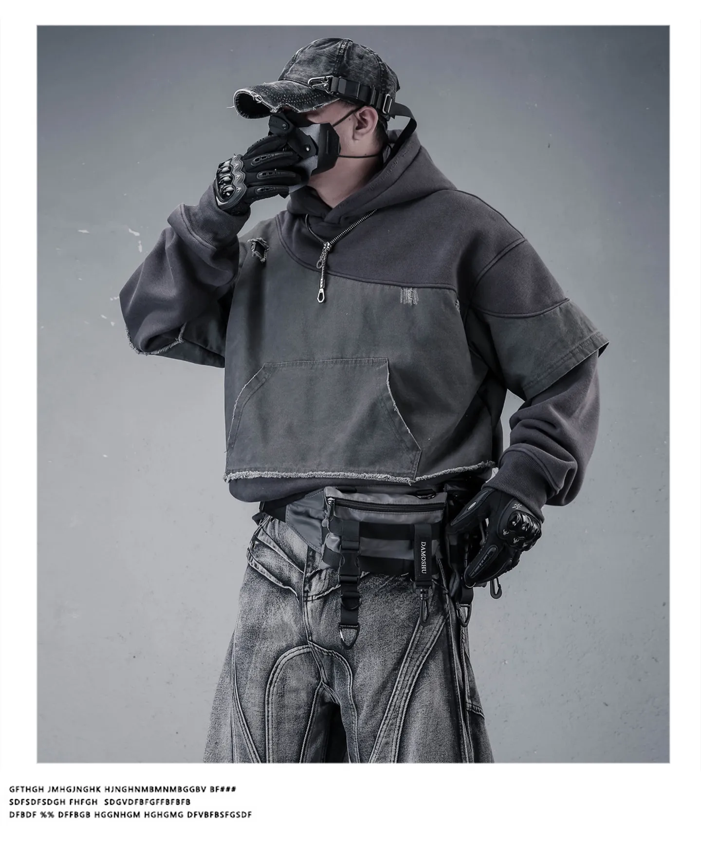 Fake Two Piece Ripped Hole Punk Vintage Hoodie Man Winter Warm Thicken Fleece Gothic Techwear Sweatshirt