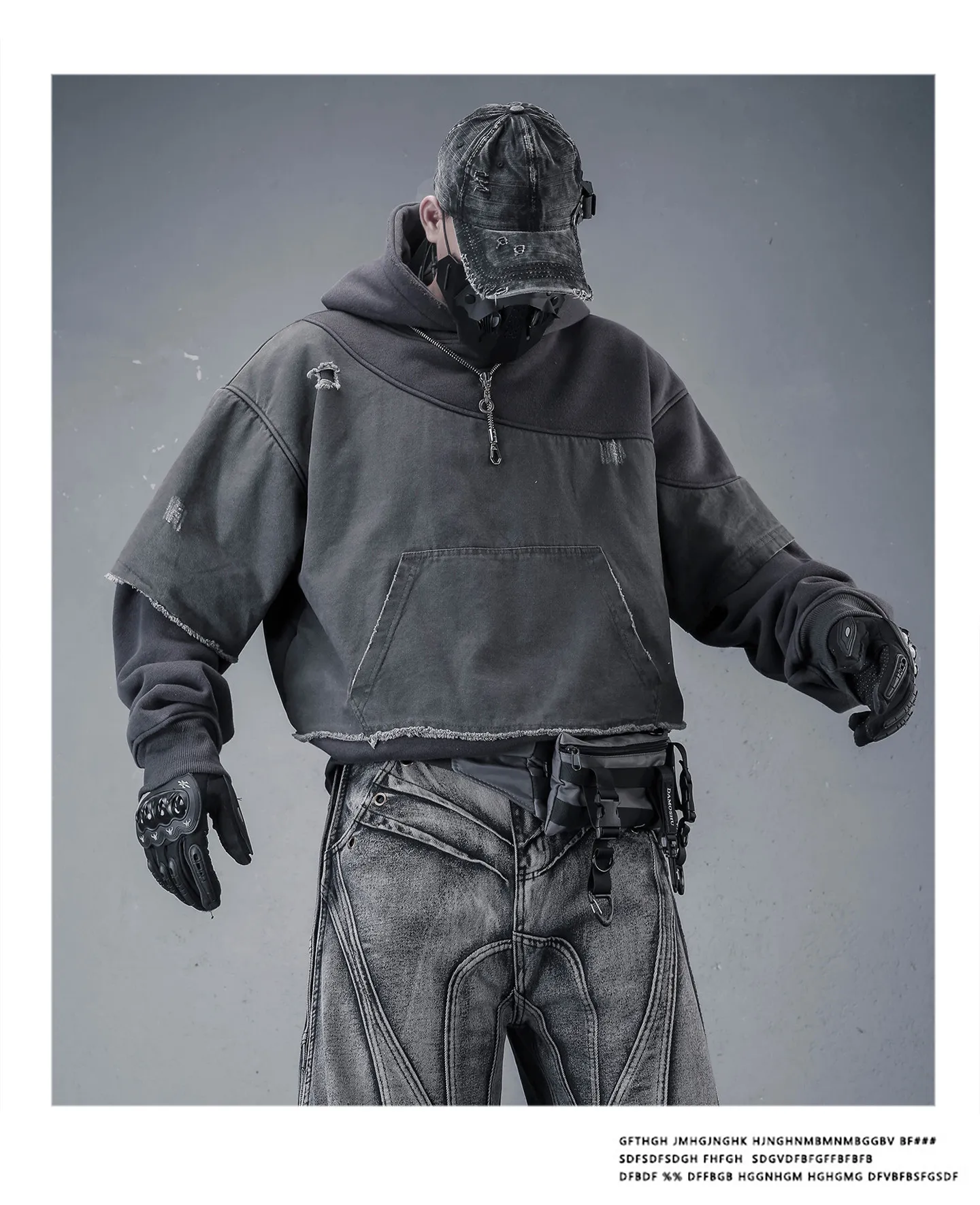 Fake Two Piece Ripped Hole Punk Vintage Hoodie Man Winter Warm Thicken Fleece Gothic Techwear Sweatshirt