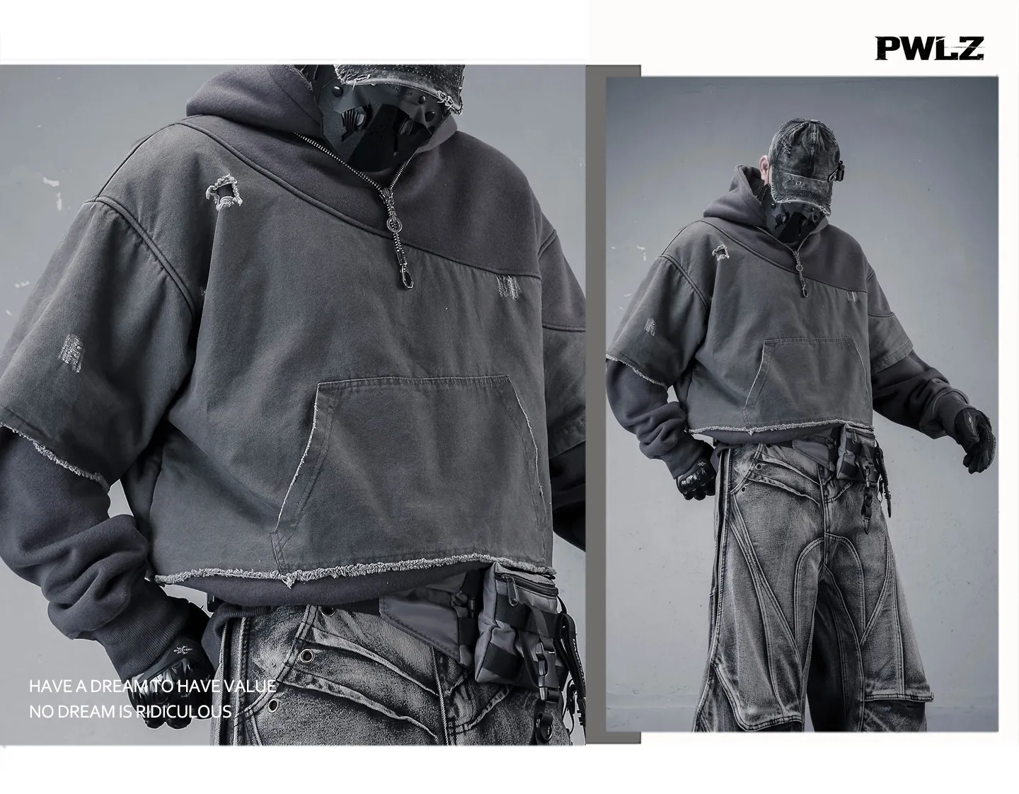 Fake Two Piece Ripped Hole Punk Vintage Hoodie Man Winter Warm Thicken Fleece Gothic Techwear Sweatshirt