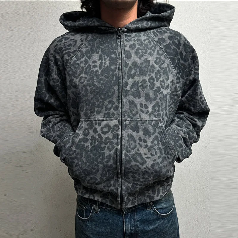 Mens Leopard Print Hoodie 2025 Autumn Winter Gothic Streetwear Zip Up Jacket Vintage Denim Kangaroo Pocket Loose Fit Fashion