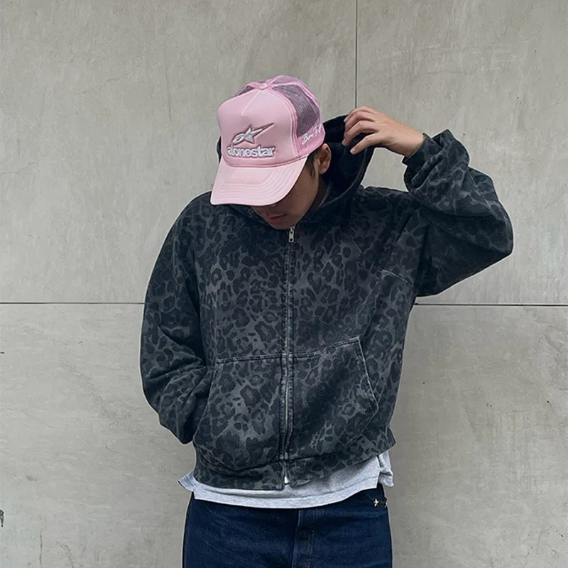 Mens Leopard Print Hoodie 2025 Autumn Winter Gothic Streetwear Zip Up Jacket Vintage Denim Kangaroo Pocket Loose Fit Fashion