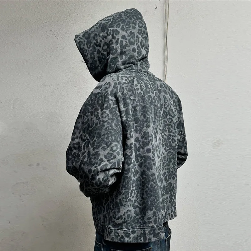 Mens Leopard Print Hoodie 2025 Autumn Winter Gothic Streetwear Zip Up Jacket Vintage Denim Kangaroo Pocket Loose Fit Fashion
