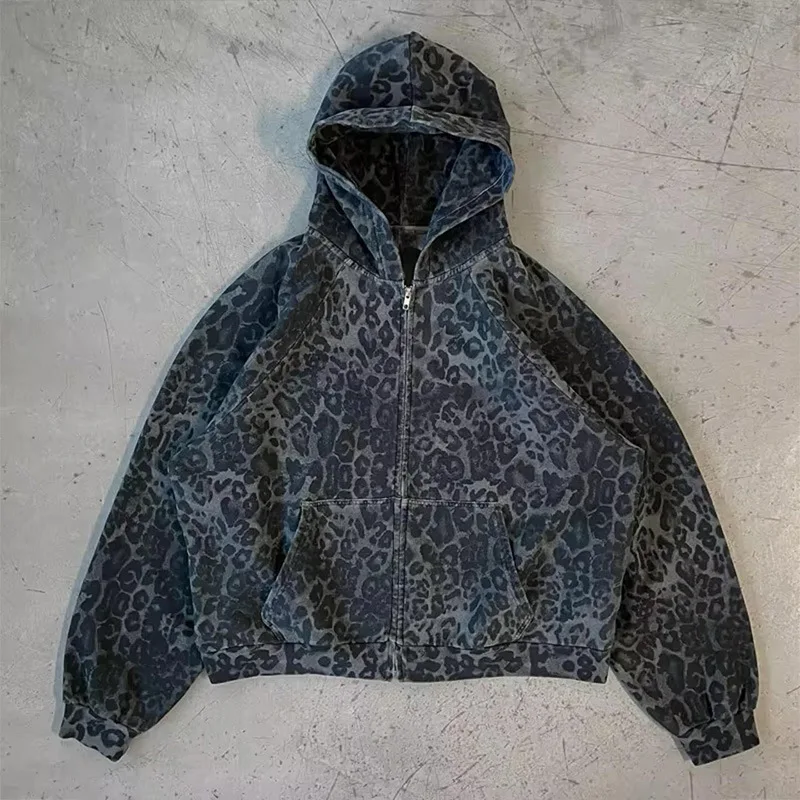 Mens Leopard Print Hoodie 2025 Autumn Winter Gothic Streetwear Zip Up Jacket Vintage Denim Kangaroo Pocket Loose Fit Fashion