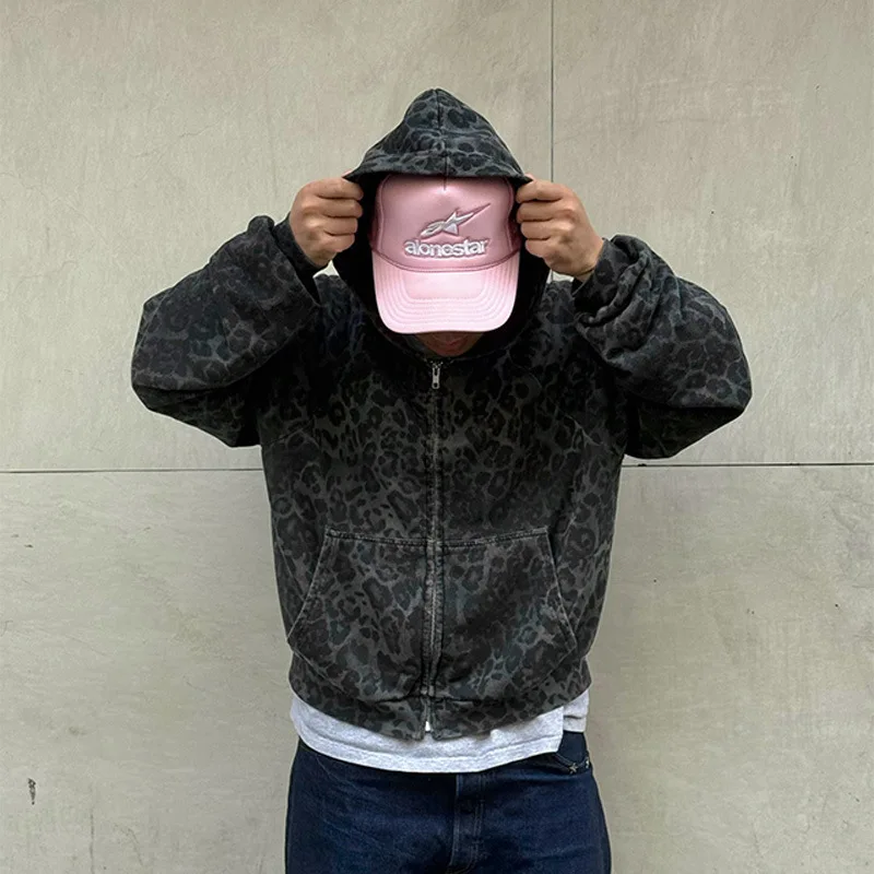 Mens Leopard Print Hoodie 2025 Autumn Winter Gothic Streetwear Zip Up Jacket Vintage Denim Kangaroo Pocket Loose Fit Fashion