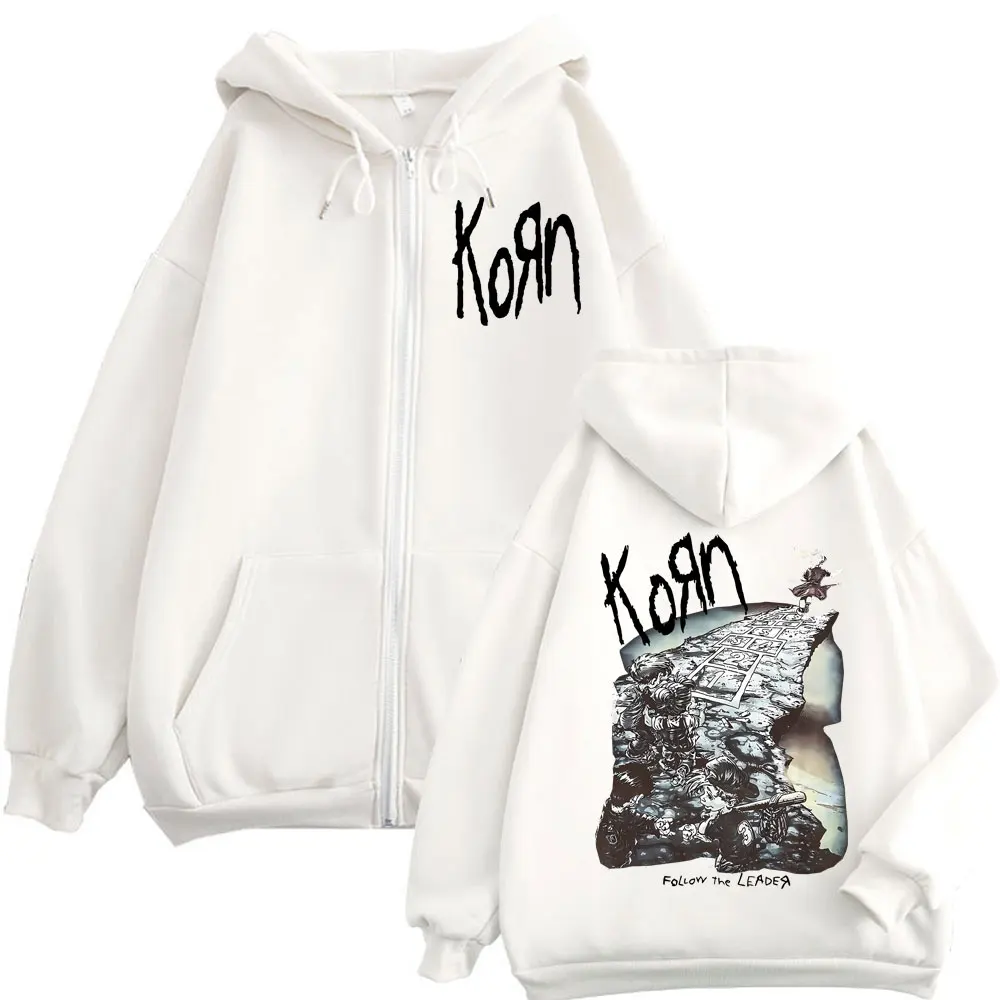 Pop Band Korn Ftl 25 Follow The Leader Graphic Zipper Hoodie Rock Hip Hop Vintage Zip Up Sweatshirts Unisex Oversized Pullovers