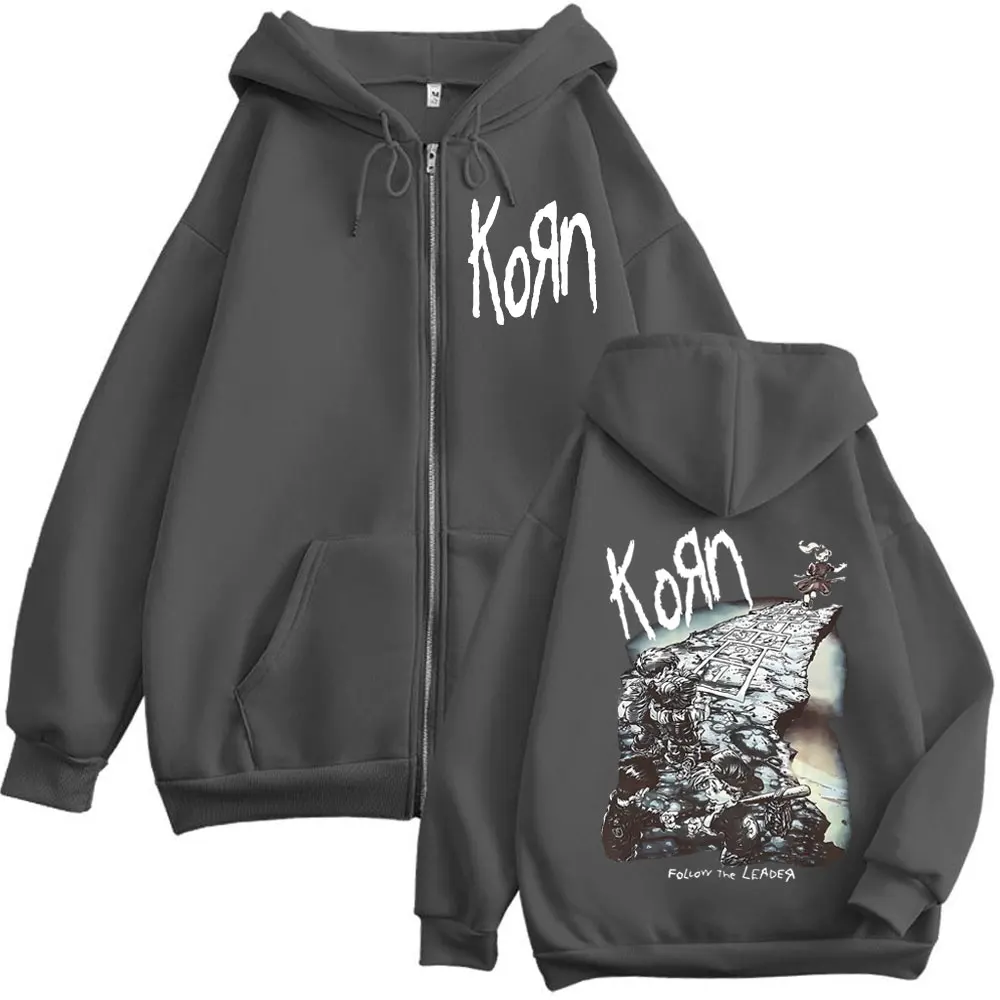 Pop Band Korn Ftl 25 Follow The Leader Graphic Zipper Hoodie Rock Hip Hop Vintage Zip Up Sweatshirts Unisex Oversized Pullovers