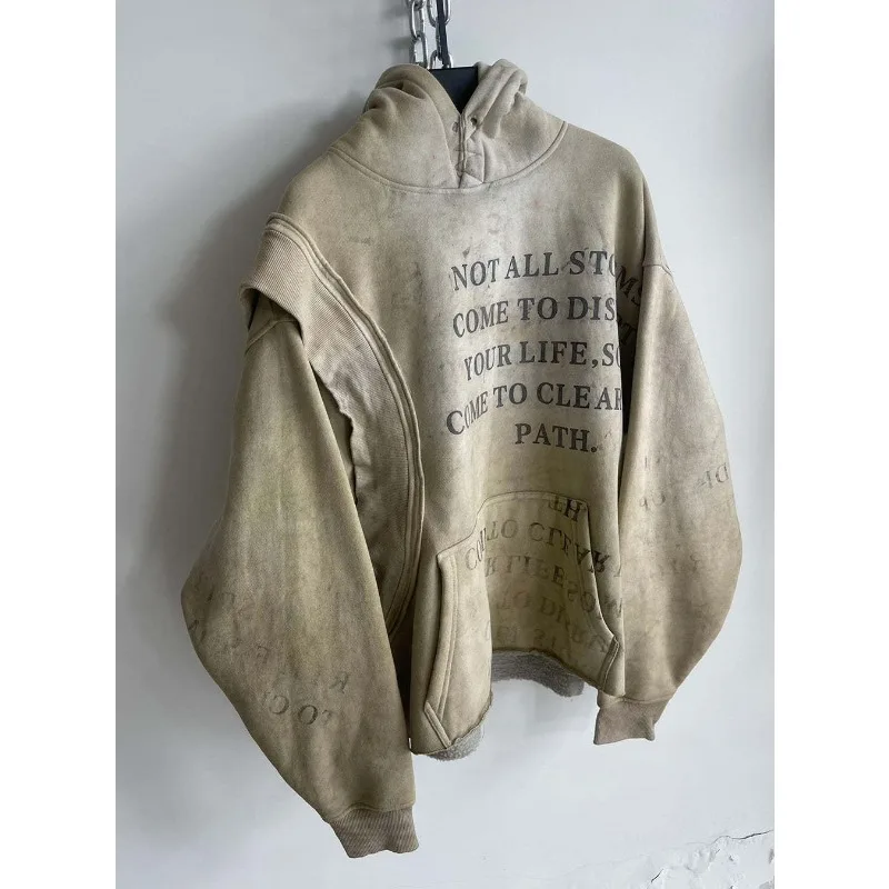 2026 New Fashion Personality Y2k Streetwear American Retro Vintage Irregular Hoodie Men's High Street Loose Hooded Pullover Coat