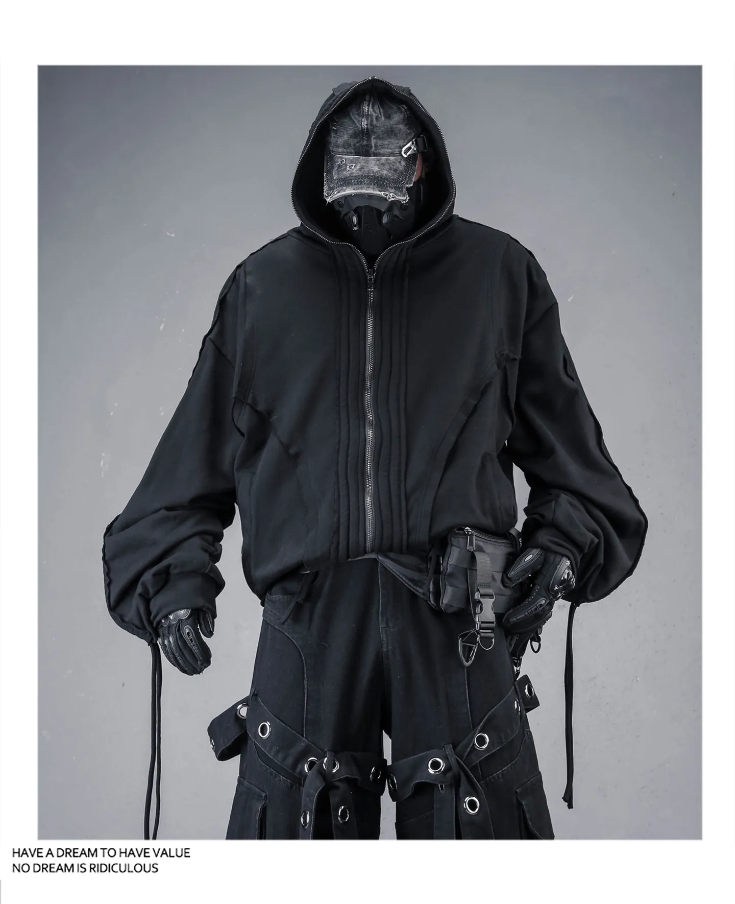 Distressed Washed Gothic Punk Hoodies Man Wasteland Style Vintage Zip Up Hoodie Y2K Techwear Sweatshirt
