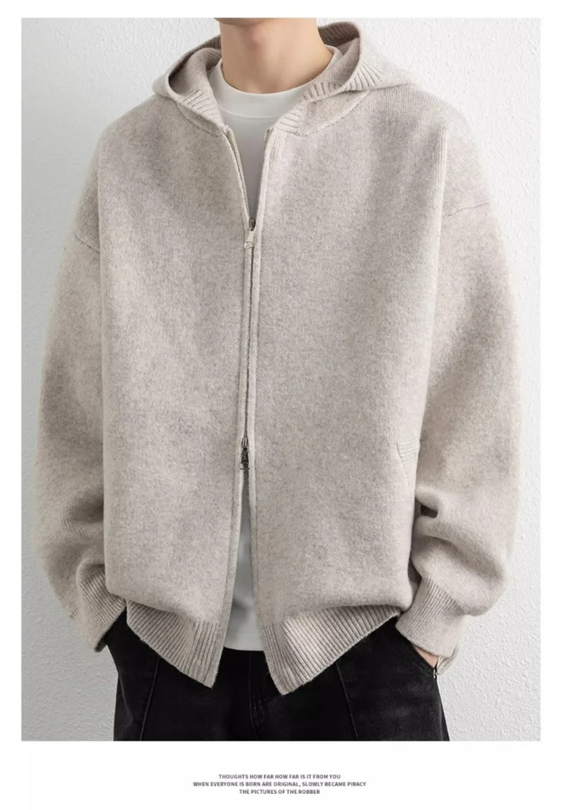 2026 Autumn Winter New Thick Knitted Oversized Hoodie Men Korean Fashion Simple Solid Color Casual Loose Hooded Zipper Jacket