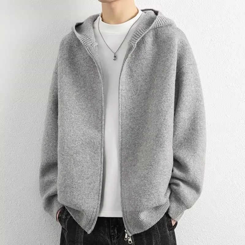 2026 Autumn Winter New Thick Knitted Oversized Hoodie Men Korean Fashion Simple Solid Color Casual Loose Hooded Zipper Jacket