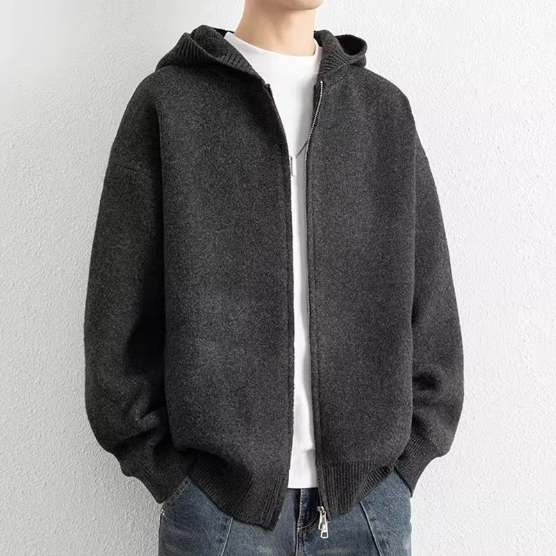2026 Autumn Winter New Thick Knitted Oversized Hoodie Men Korean Fashion Simple Solid Color Casual Loose Hooded Zipper Jacket