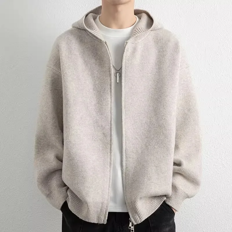 2026 Autumn Winter New Thick Knitted Oversized Hoodie Men Korean Fashion Simple Solid Color Casual Loose Hooded Zipper Jacket
