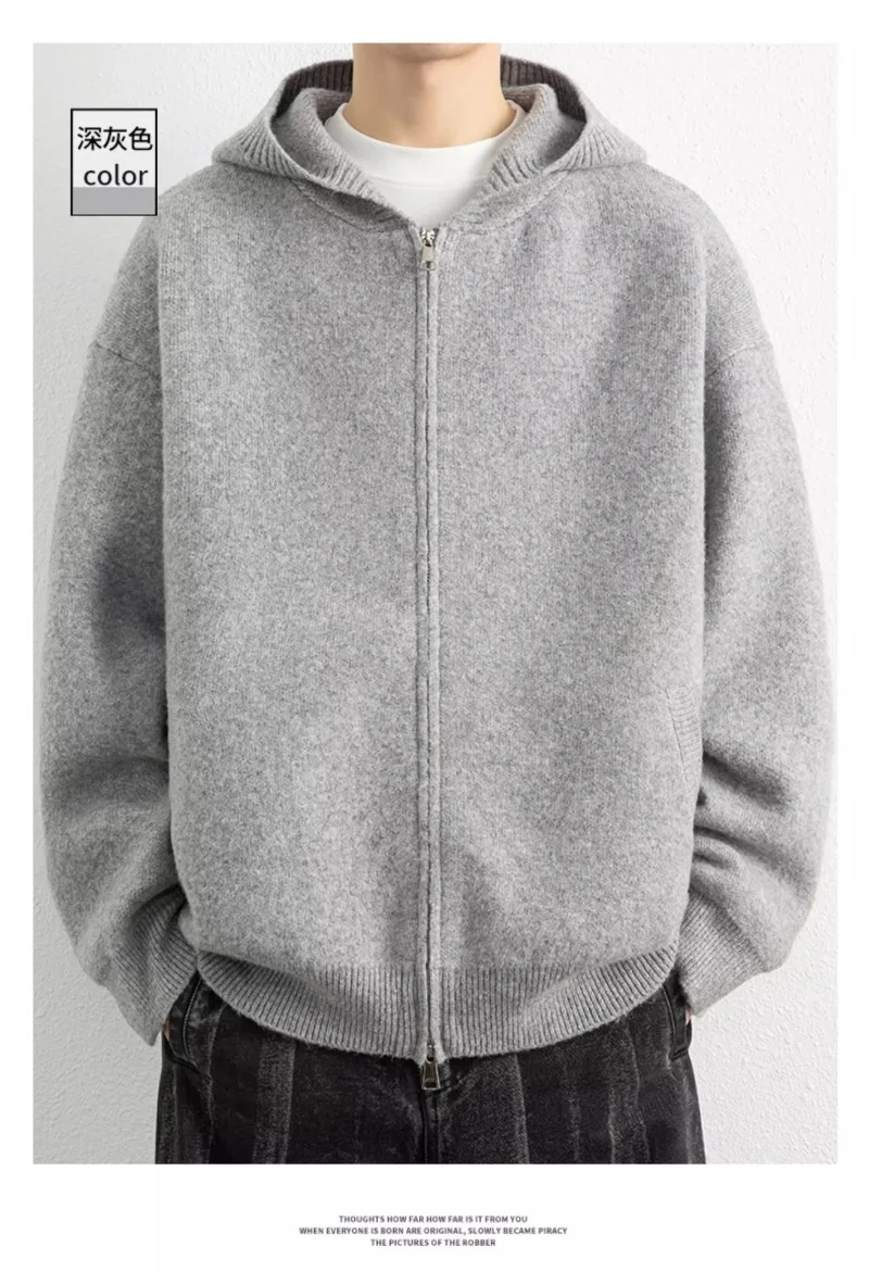 2026 Autumn Winter New Thick Knitted Oversized Hoodie Men Korean Fashion Simple Solid Color Casual Loose Hooded Zipper Jacket