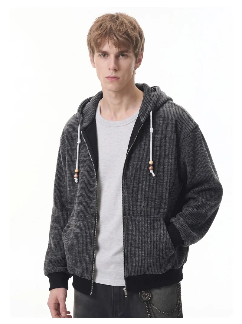 American Retro Men's Casual Zipper Hoodie Autumn Winter Fashion Loose Hooded Jacket Japan Korean Streetwear Sweatshirt