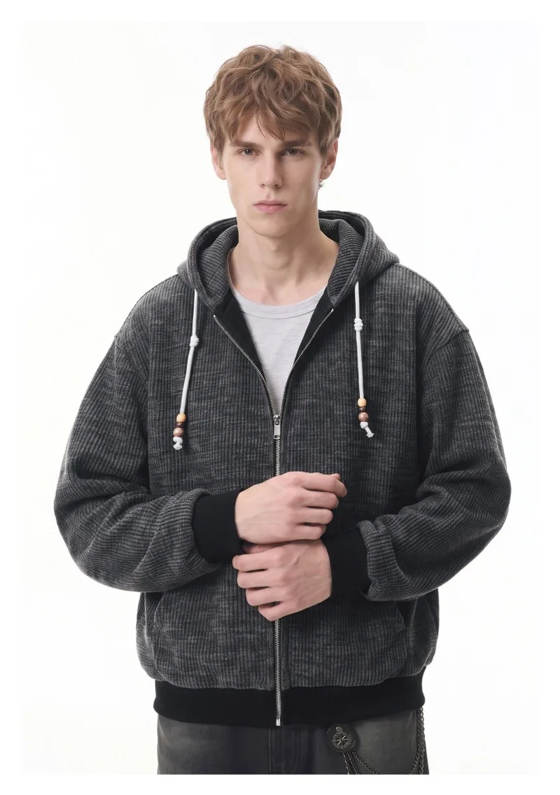 American Retro Men's Casual Zipper Hoodie Autumn Winter Fashion Loose Hooded Jacket Japan Korean Streetwear Sweatshirt
