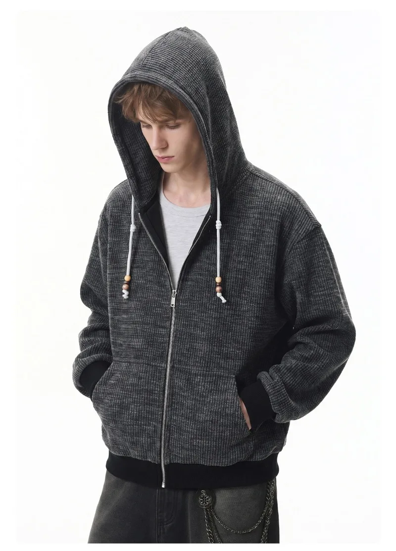 American Retro Men's Casual Zipper Hoodie Autumn Winter Fashion Loose Hooded Jacket Japan Korean Streetwear Sweatshirt