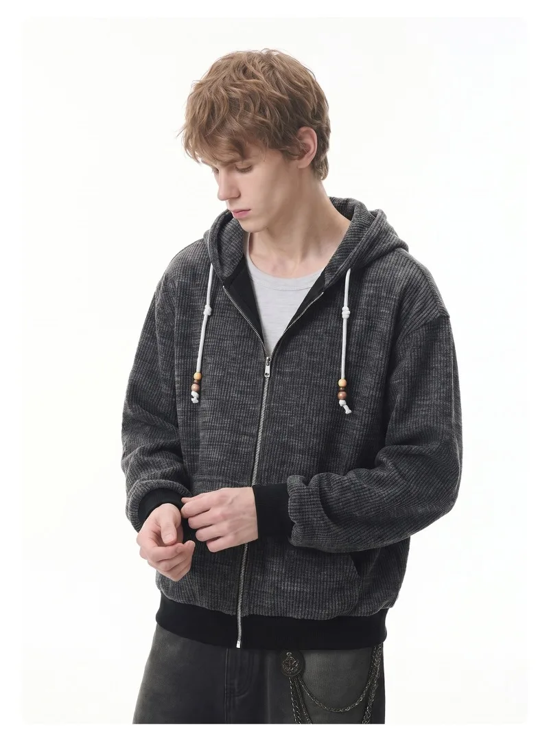 American Retro Men's Casual Zipper Hoodie Autumn Winter Fashion Loose Hooded Jacket Japan Korean Streetwear Sweatshirt