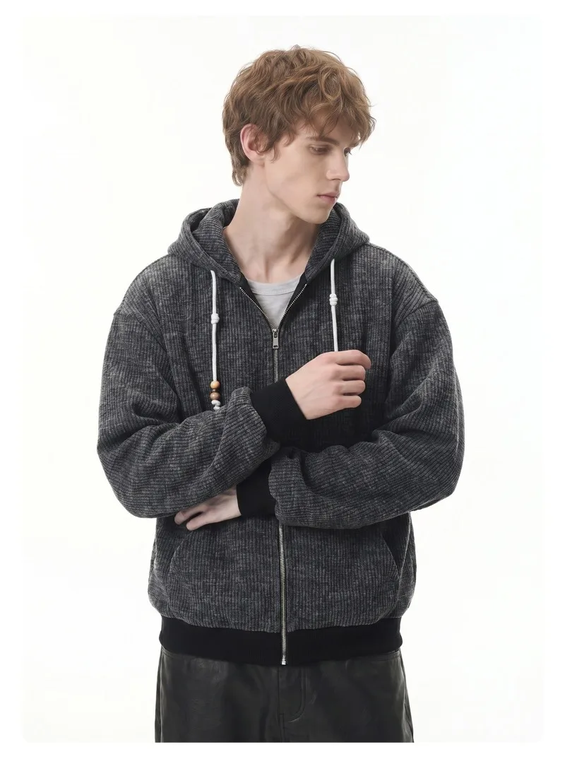 American Retro Men's Casual Zipper Hoodie Autumn Winter Fashion Loose Hooded Jacket Japan Korean Streetwear Sweatshirt